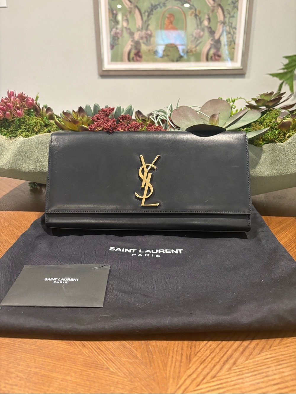 Authentic YSL Saint Laurent Black Calfskin Leather Logo Clutch